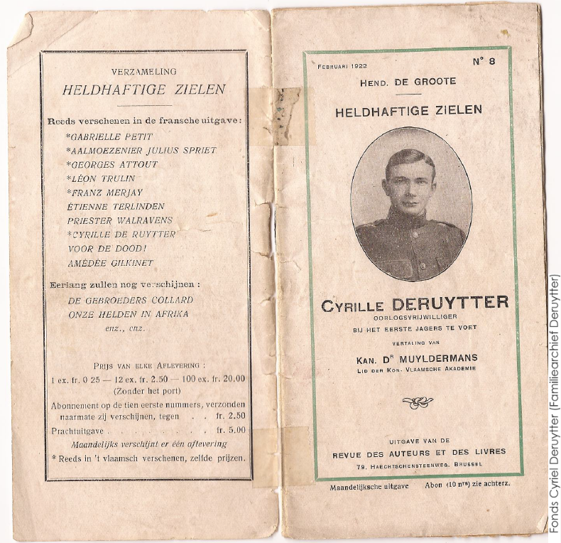 De geromantiseerde uitgave over ‘Cyrille Deruytter’ in de naoorlogse reeks ‘Helhaftige Zielen’ (1922)