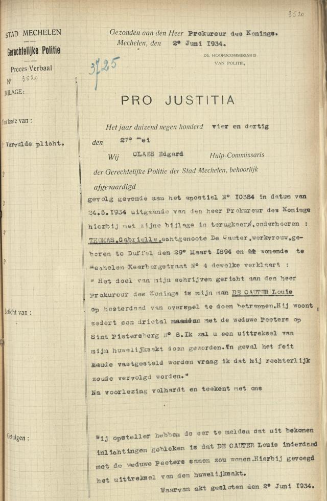Een proces-verbaal van de gerechtelijke politie te Mechelen, 1934. 