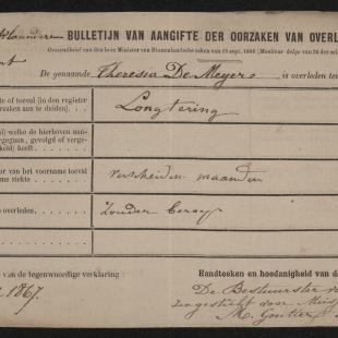Het aangifteformulier van overlijden (ook wel 'vaststelling van overlijden genoemd') van Theresia De Meyer, zonder beroep, overleden te Gent aan longtering, 1867