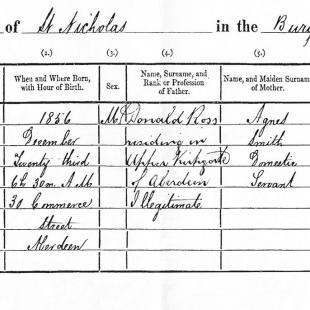 De geboorteakte van Donald Smith, geboren op 23 december 1856 te Aberdeen.