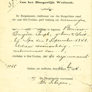De toelating tot begraven voor het lichaam van de heer Eugène-Joseph Boniver, overleden op 30 december 1904 te Sint-Truiden.
