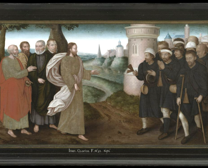 het schilderij ‘Jezus en de tien melaatsen’ van Jan Claeissens (1632, detail) toont Brugse leprozen in donkere mantels.