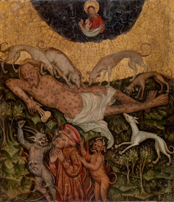 Schilderij van patroonheilige Lazarus, bedekt met zweren, net als een leproos.