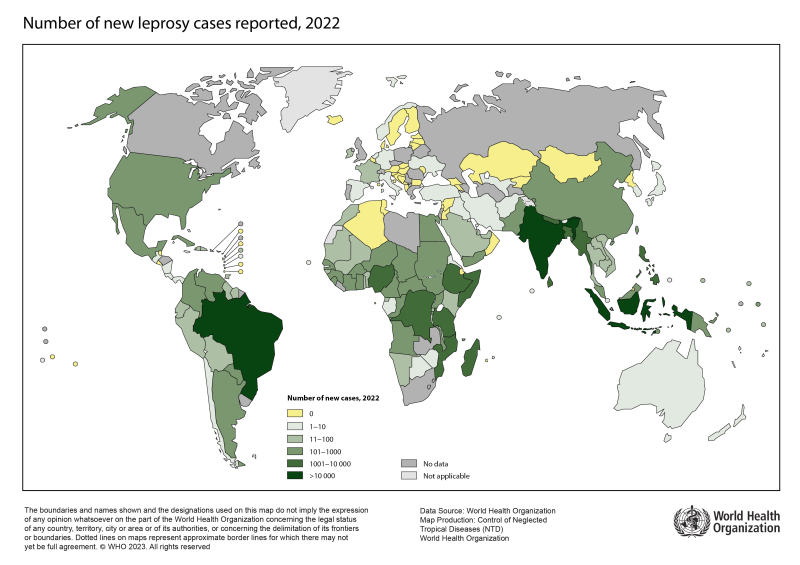 De afbeelding toont een kaart met het aantal. Donkergroen geeft de gebieden met een sterke aanwezigheid van lepra aan: delen van Afrika, Zuid-Amerika en delen van Azië.