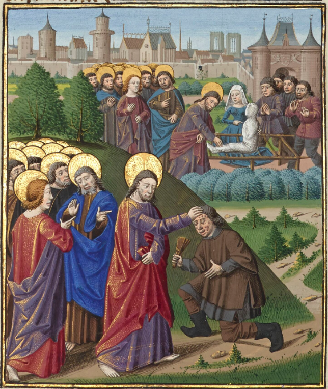 Christus geneest een leproos. De leproos heeft een klepper in de hand en wonden in zijn gezicht. Christus heeft een stralenkrans rond zijn hoofd en wordt omringd door heiligen.